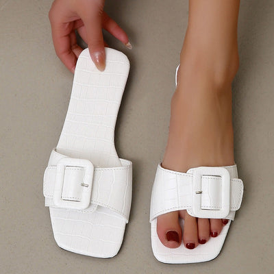 Women's open toe flat sandals with buckle in white leather - Elina