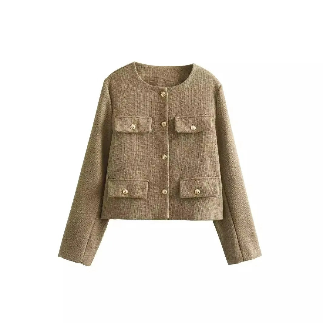 Women's Cropped Tweed Jacket - Long Sleeve - Military Style - Camille