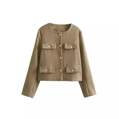 Women's Cropped Tweed Jacket - Long Sleeve - Military Style - Camille