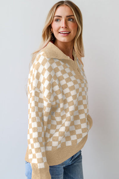 Aude - Checked V-neck jumper with buttons and dropped shoulders