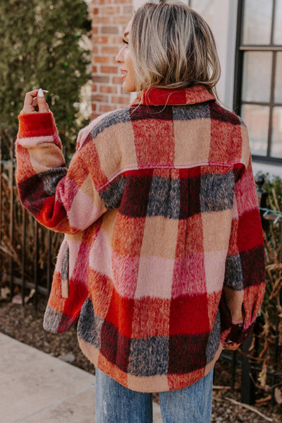 Danella - Orange checked oversized casual jacket with flap pockets and buttons