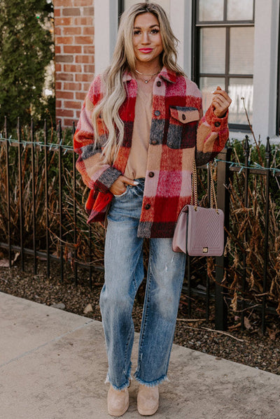 Danella - Orange checked oversized casual jacket with flap pockets and buttons