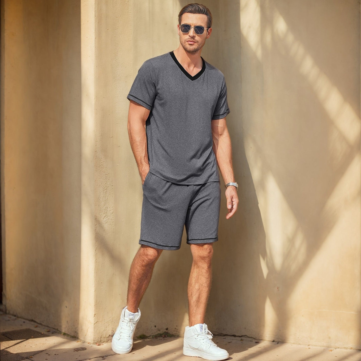 Casual V-neck set in lightweight cotton for men - Marcos