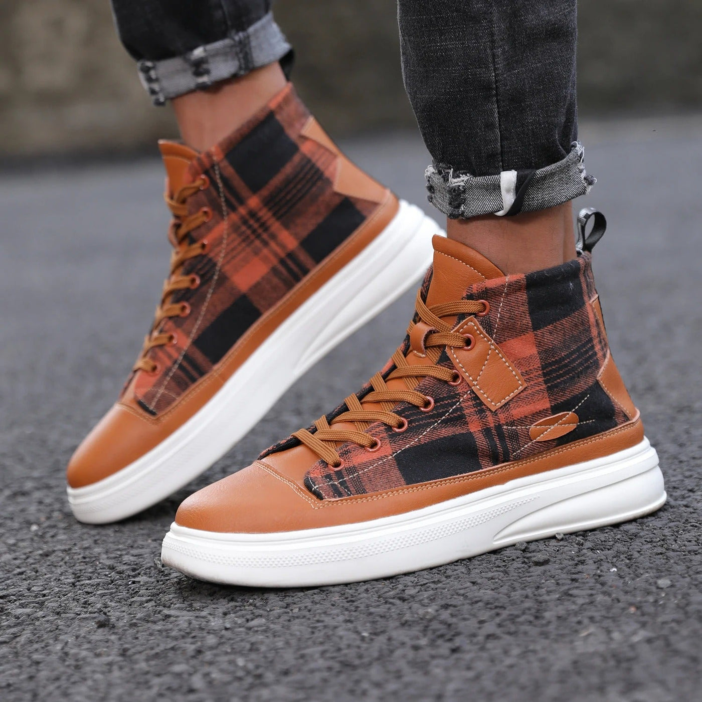 Chequered high-top trainers for men