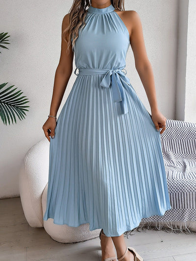 Women's sleeveless pleated midi dress with halter neckline - Camila
