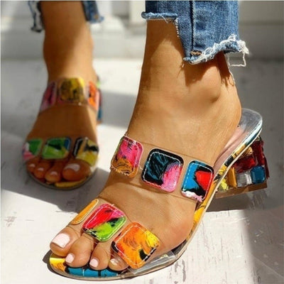 Women's chunky heel sandals with artistic multicolour design - Camila
