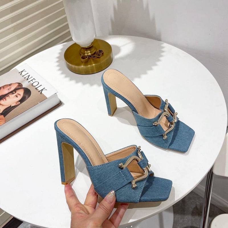 Women's high heel sandals with elegant black double metallic buckle - Kalisa