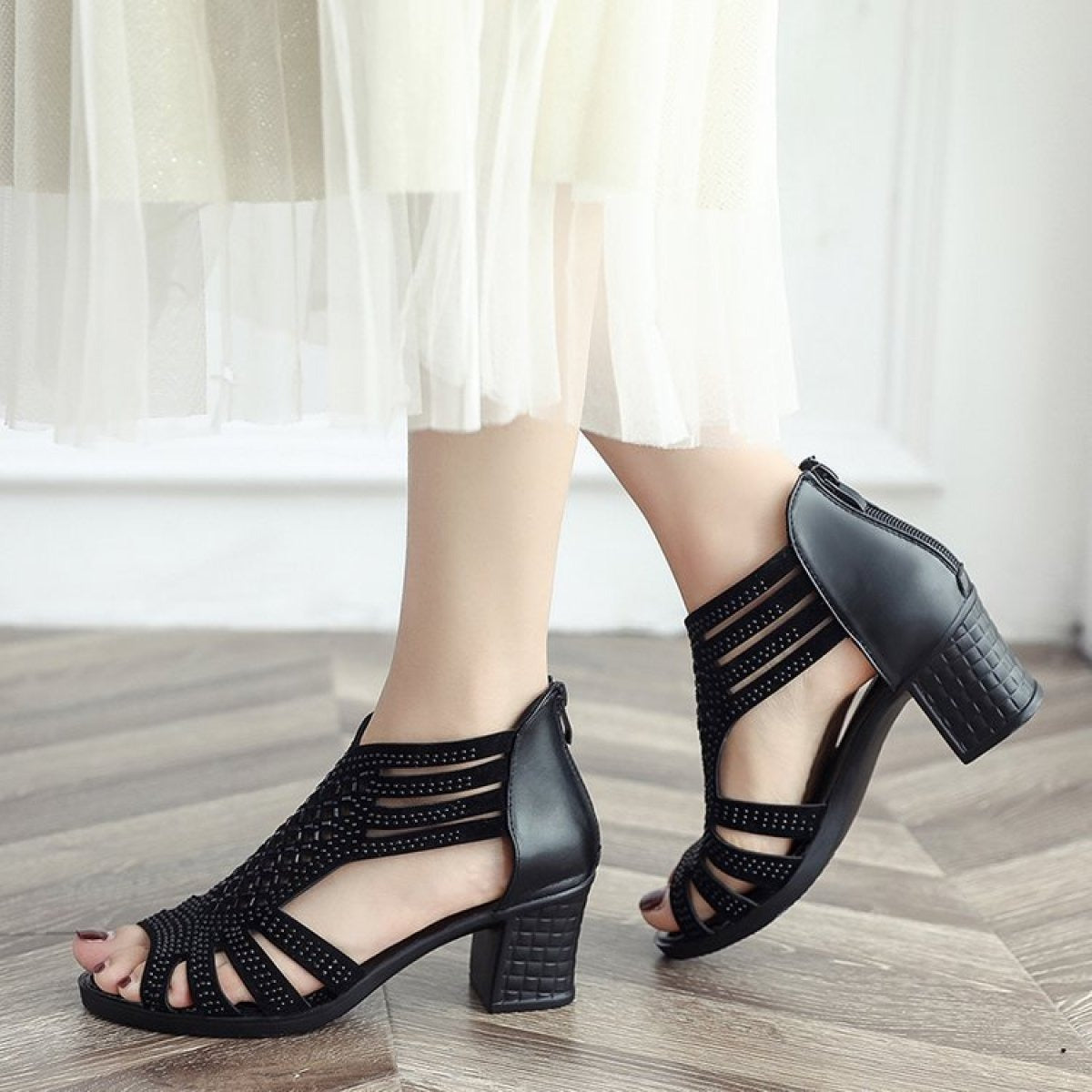 Roman design mid heel sandals with black openwork finish - Elvira