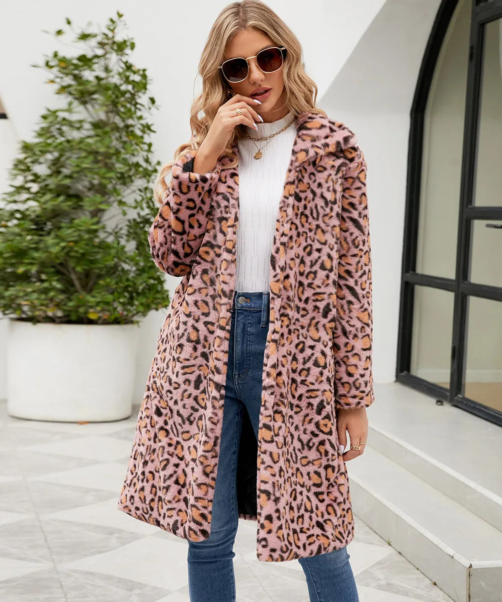 Women's Faux Fur Coat - Leopard Print - Longline Fit - Adrienne