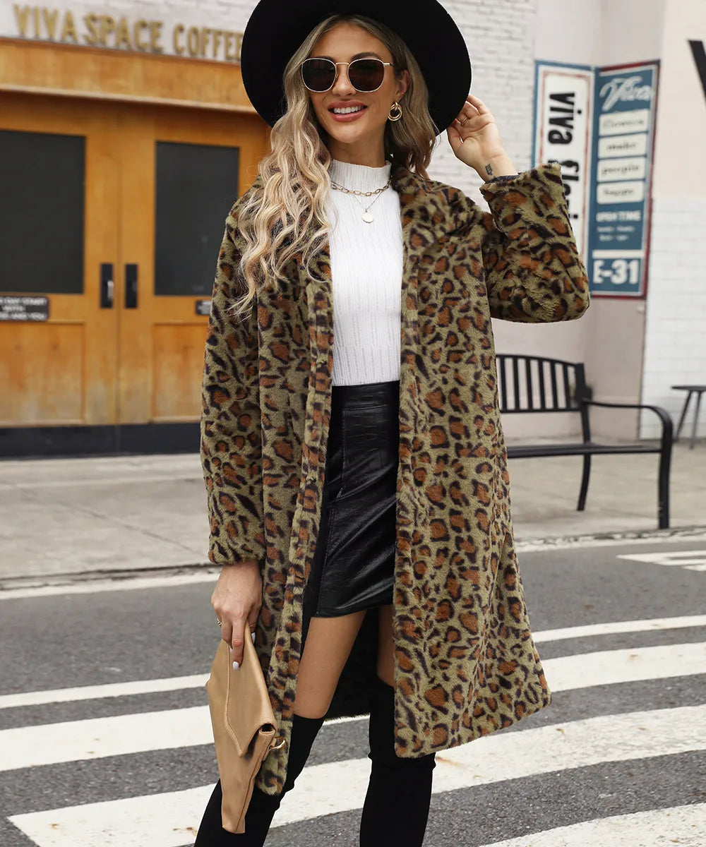 Women's Faux Fur Coat - Leopard Print - Longline Fit - Adrienne