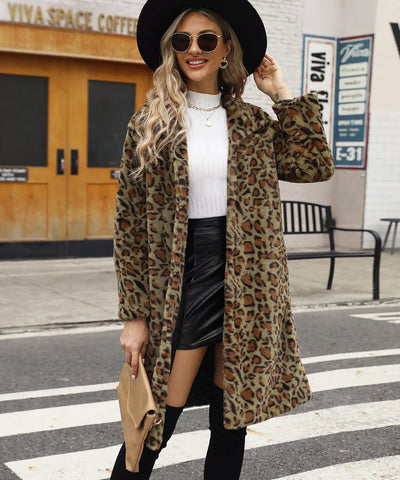 Women's Faux Fur Coat - Leopard Print - Longline Fit - Adrienne