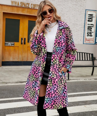 Women's Faux Fur Coat - Leopard Print - Longline Fit - Adrienne