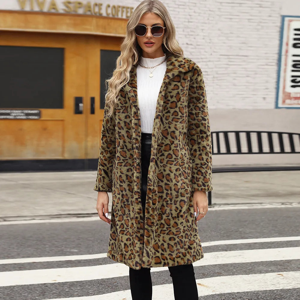 Women's Faux Fur Coat - Leopard Print - Longline Fit - Adrienne