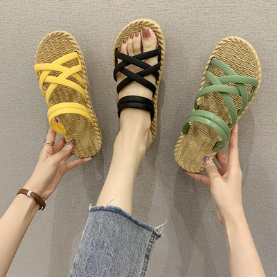 Women's flat sandals with crossed straps Roman style yellow - Soléa
