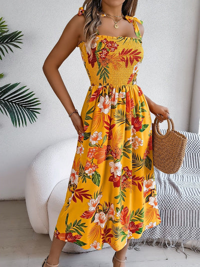 Women's long strapless dress with tropical floral print - model Kailani