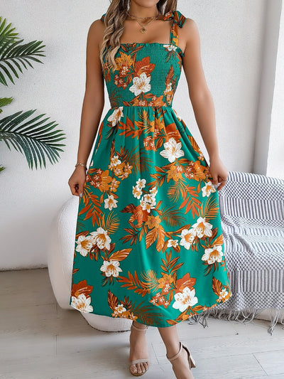 Women's long strapless dress with tropical floral print - model Kailani
