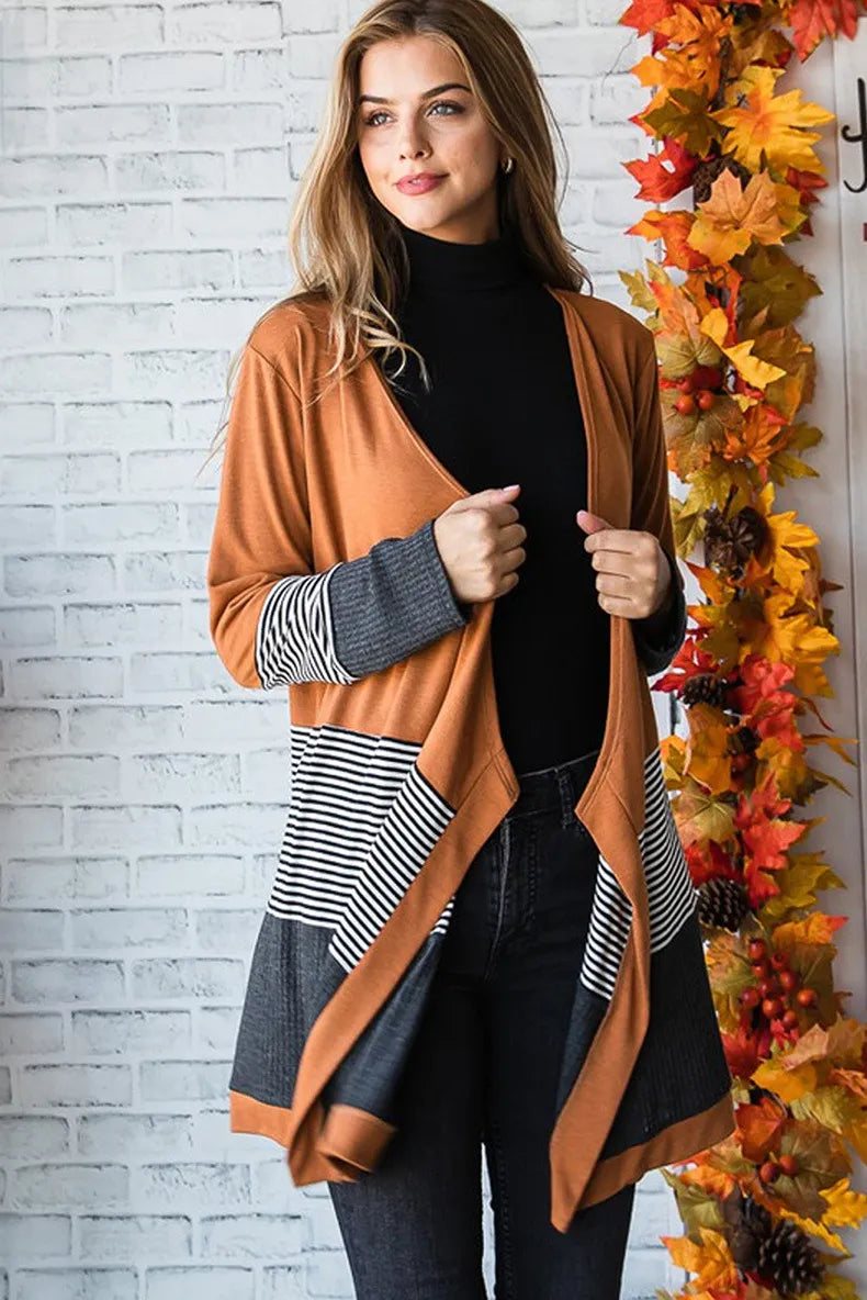 Cardigan - Women - Colorblock Open Front with Striped Hem - Brown Mix - Renée