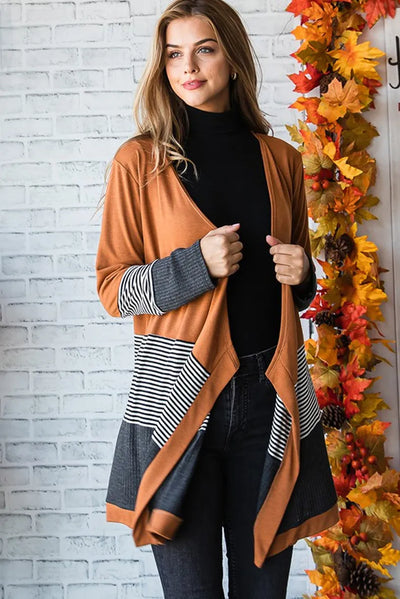 Cardigan - Women - Colorblock Open Front with Striped Hem - Brown Mix - Renée