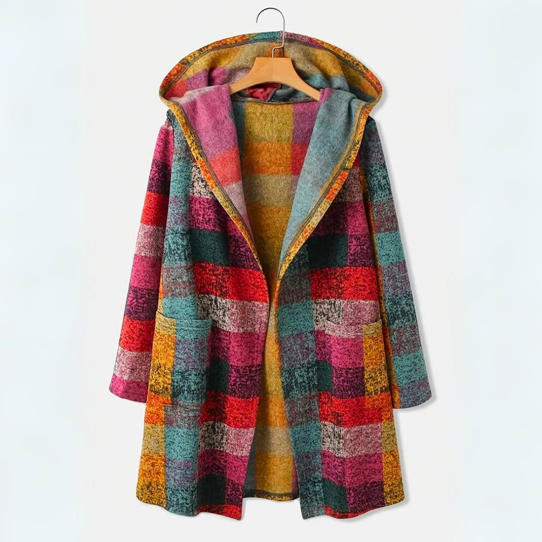 Women's Hooded Wool-Blend Checkered Coat - Freya