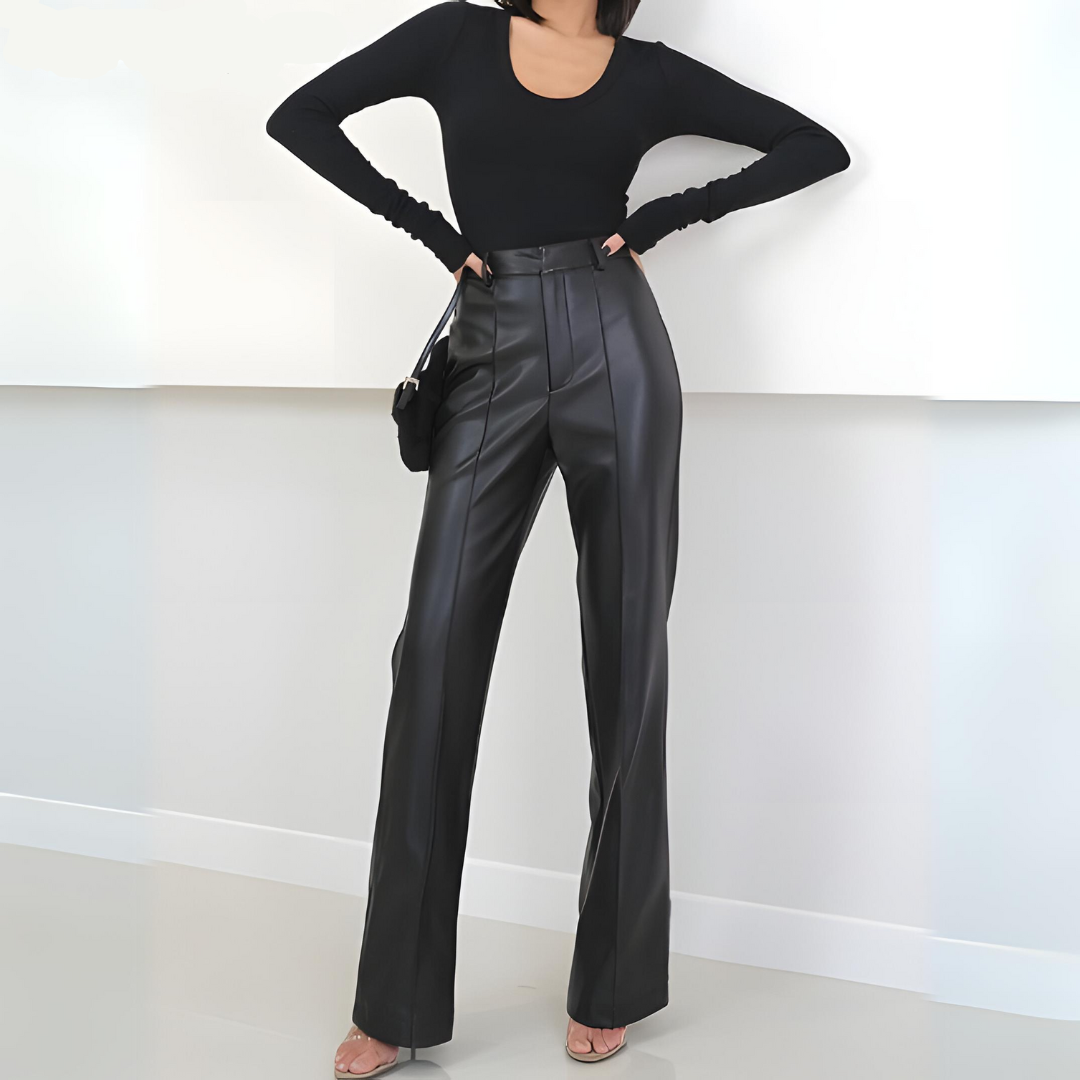 Pants - Women - High Waist Faux Leather Wide Leg - Black - Selene