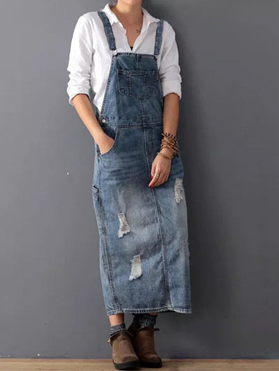 Bib dress in distressed denim with slit at the back - Lara