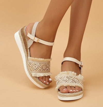 Women's cream wedge sandals with braided design - Arabelle