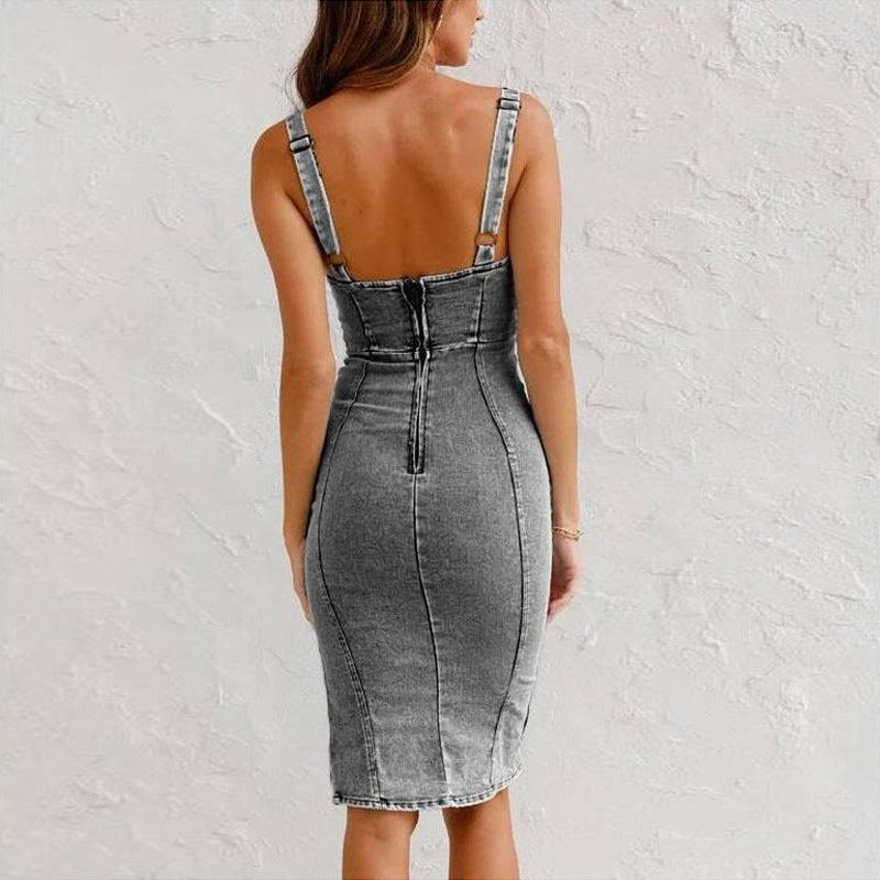 Tight-fitting women's denim dress with slit and straps - Aitana