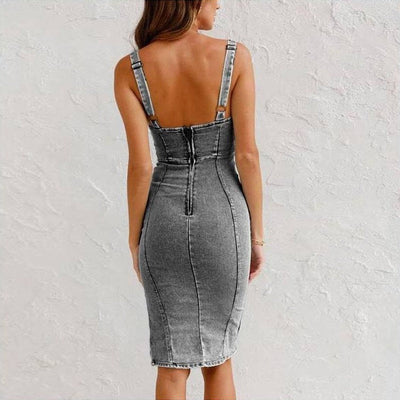 Tight-fitting women's denim dress with slit and straps - Aitana