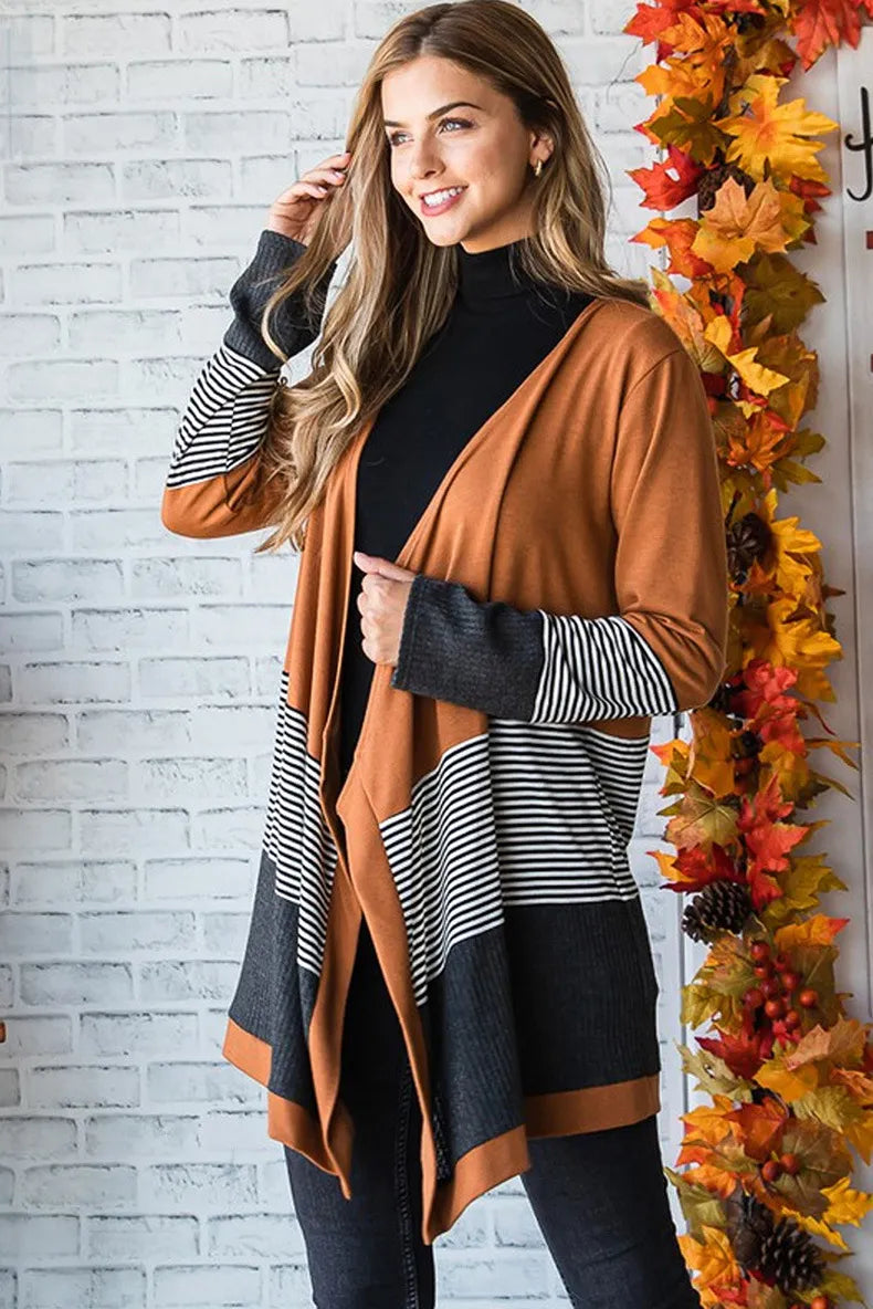 Cardigan - Women - Colorblock Open Front with Striped Hem - Brown Mix - Renée