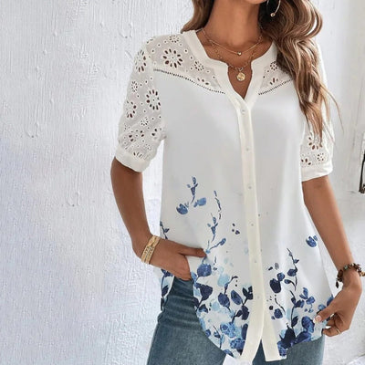 Women's white floral lace embroidered bohemian style blouse - Verona