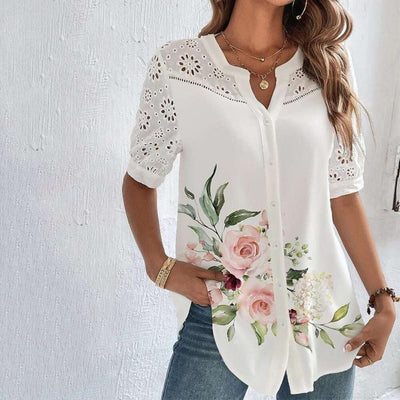 Women's white floral lace embroidered bohemian style blouse - Verona