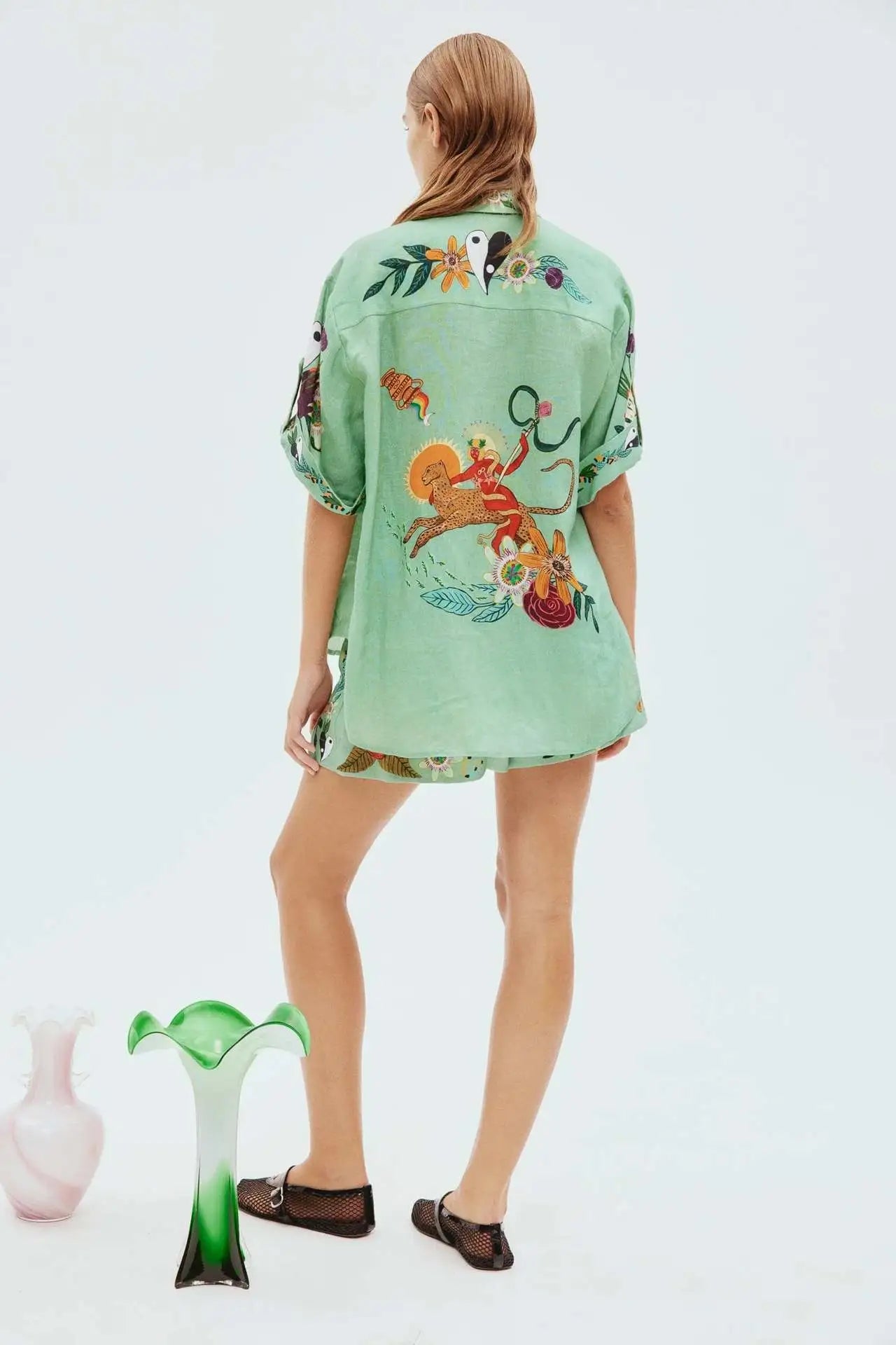 Set - Women - Short Sleeve Shirt and Shorts - Tropical Print - Verde