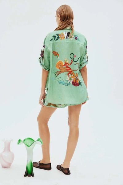 Set - Women - Short Sleeve Shirt and Shorts - Tropical Print - Verde