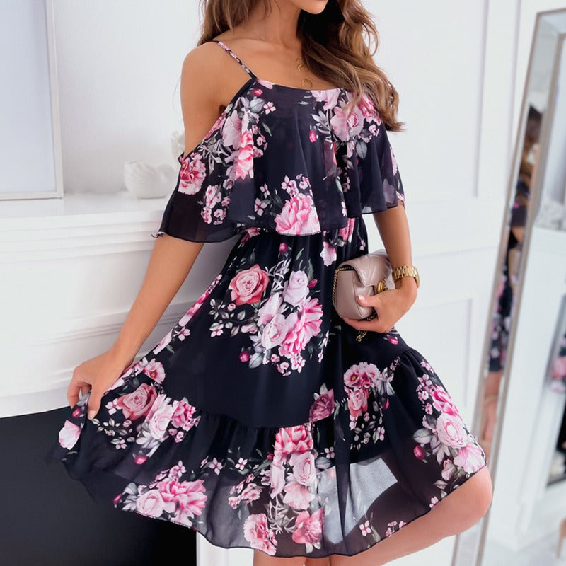 Women's short floral chiffon dress with ruffles and bare shoulders - Emilia