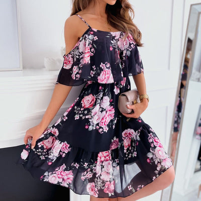 Women's short floral chiffon dress with ruffles and bare shoulders - Emilia