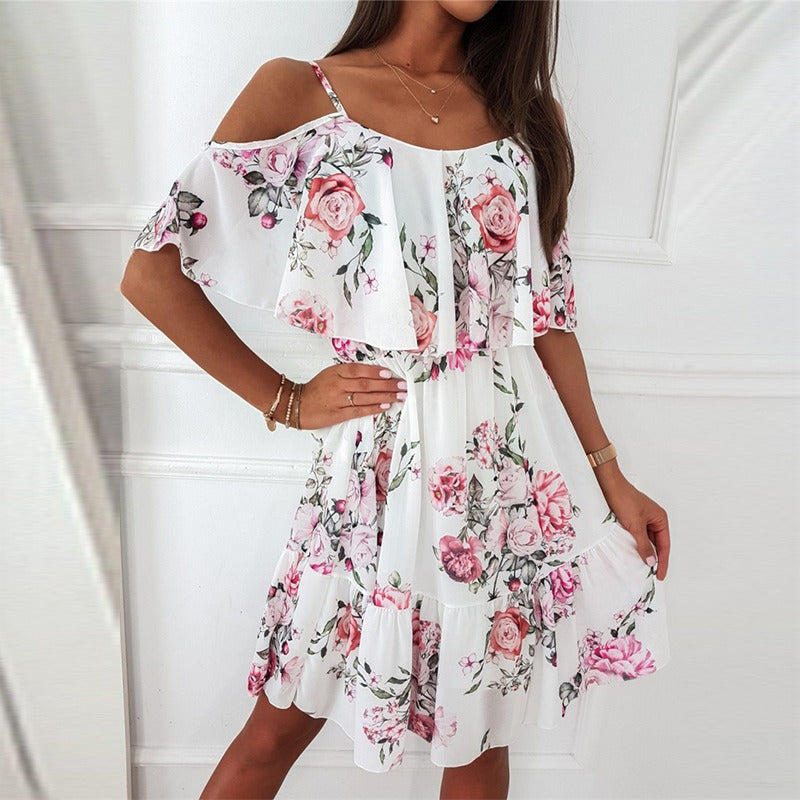 Women's short floral chiffon dress with ruffles and bare shoulders - Emilia