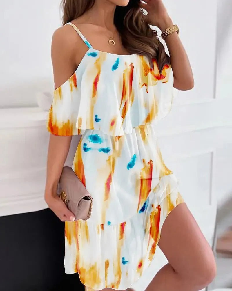 Women's short floral chiffon dress with ruffles and bare shoulders - Emilia