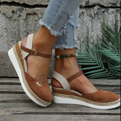 Women's canvas wedge sandals with adjustable espadrille style strap - Clara