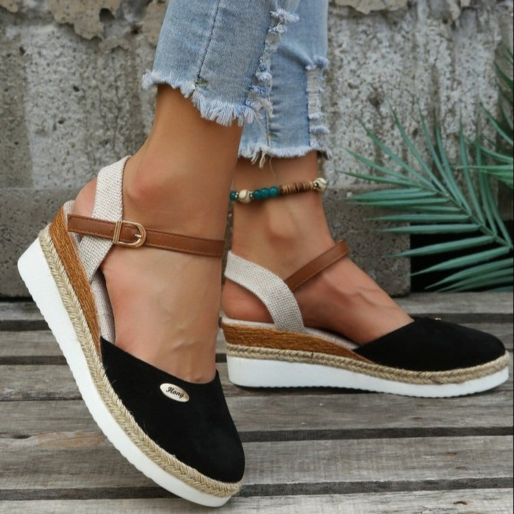 Women's canvas wedge sandals with adjustable espadrille style strap - Clara