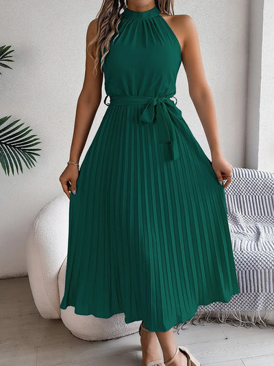 Women's sleeveless pleated midi dress with halter neckline - Camila