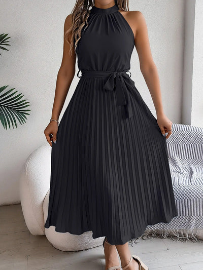 Women's sleeveless pleated midi dress with halter neckline - Camila
