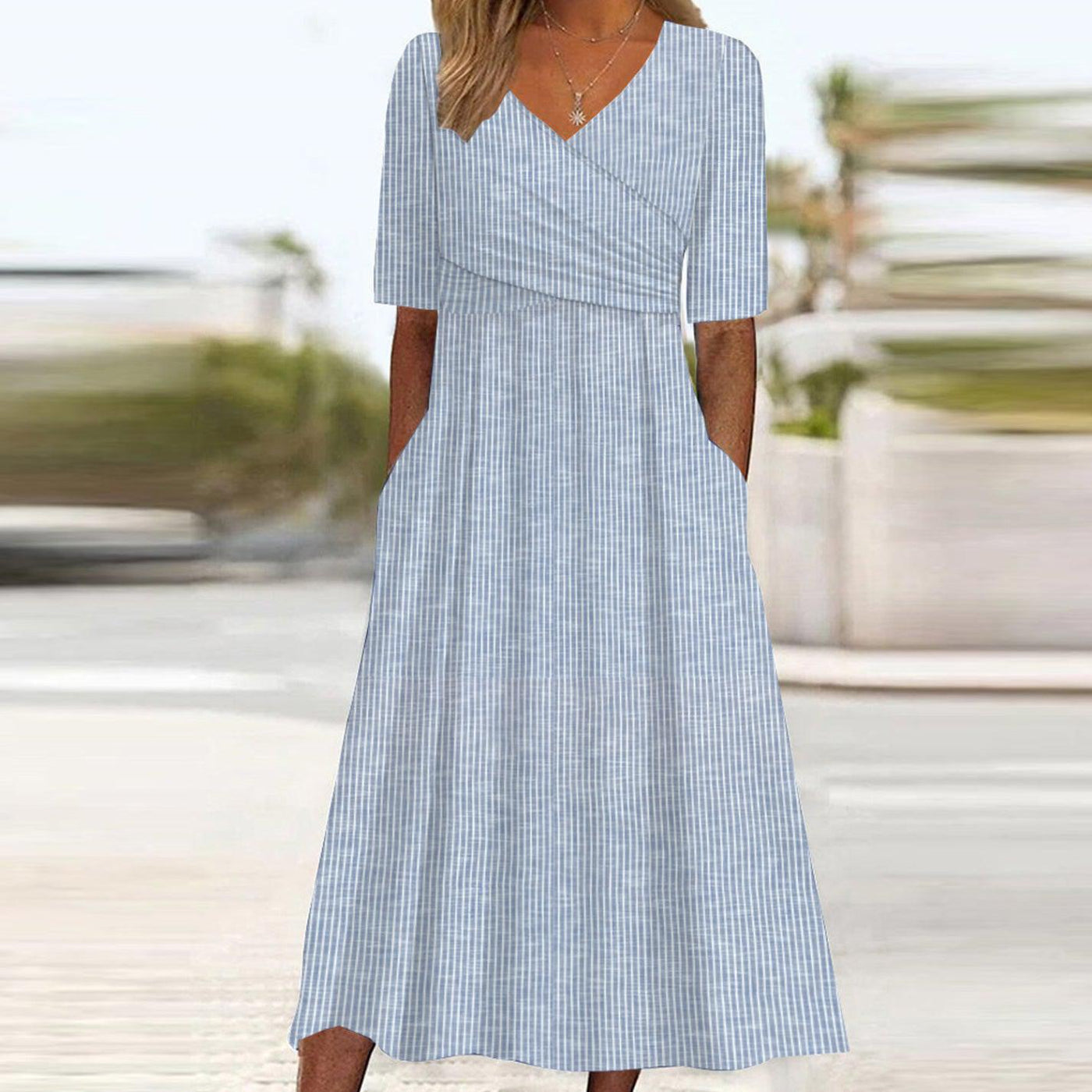 Bianca - Blue striped midi dress with short sleeves