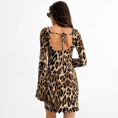 Anita Leopard Print Long Sleeve Round Neck Dress
