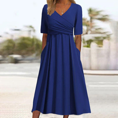 Elfina - Blue simple midi dress with V-neckline
