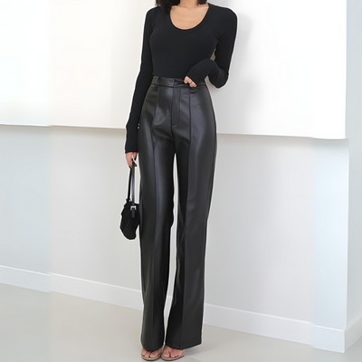 Pants - Women - High Waist Faux Leather Wide Leg - Black - Selene
