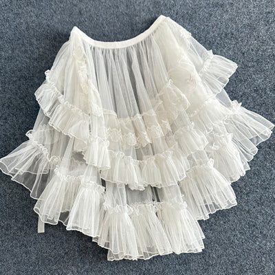 Elegant and romantic double-layer skirt with net lace ruffles perfect for a sophisticated and feminine look