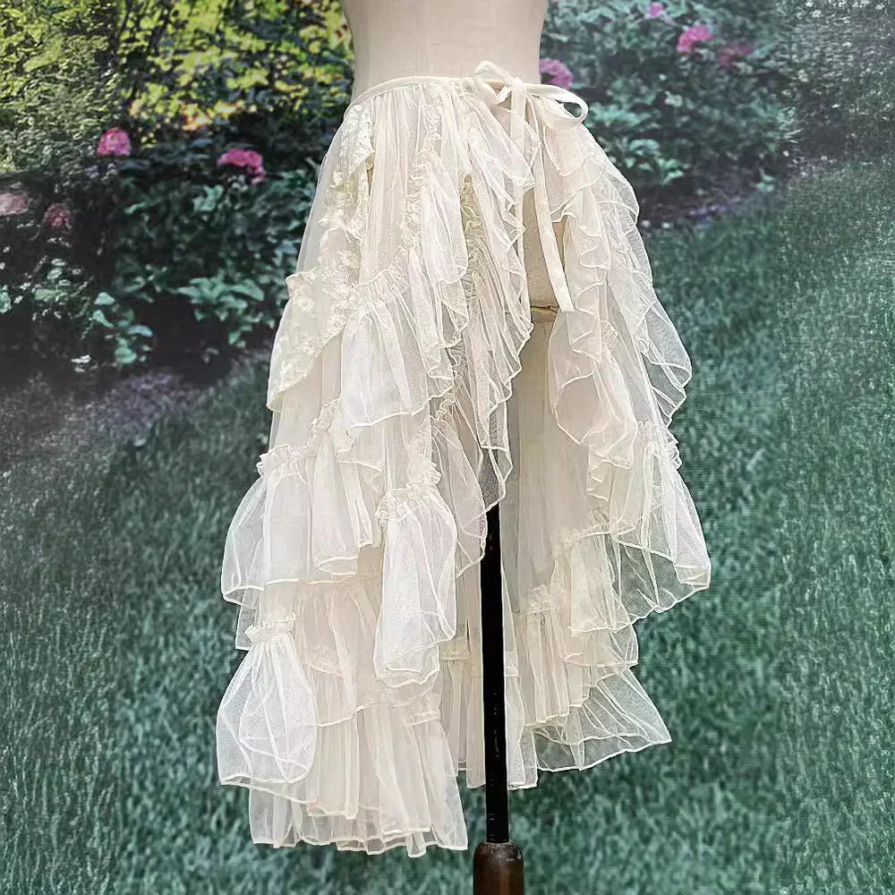 Elegant and romantic double-layer skirt with net lace ruffles perfect for a sophisticated and feminine look