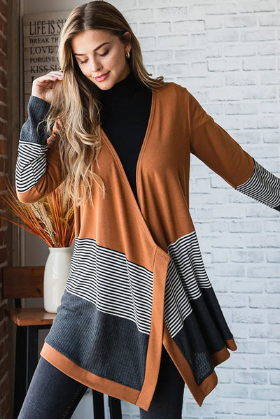 Cardigan - Women - Colorblock Open Front with Striped Hem - Brown Mix - Renée
