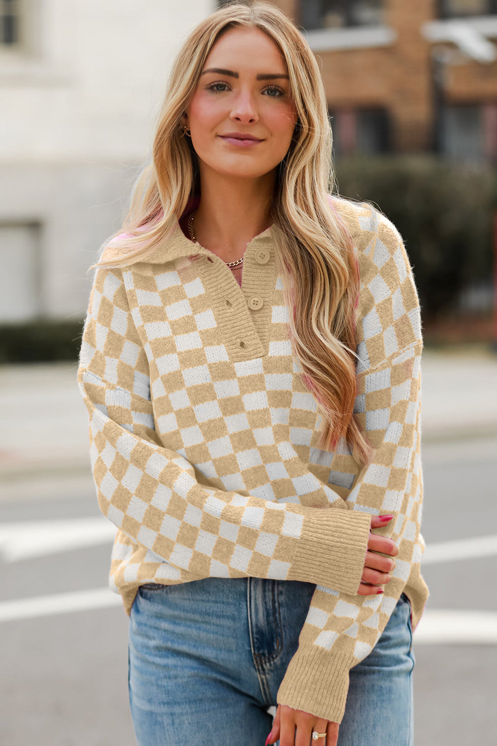 Aude - Checked V-neck jumper with buttons and dropped shoulders