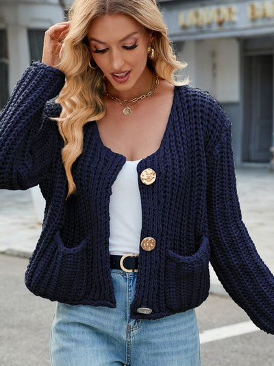 Women's Chunky Knit Buttoned Cardigan - V-Neck Pocket Design - Callista